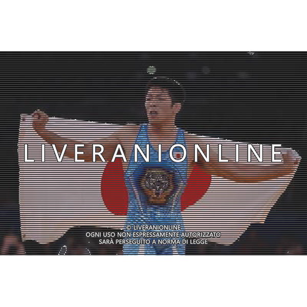 (120812) -- LONDON, Aug. 12, 2012 () -- Tatsuhiro Yonemitsu of Japan (in blue) celebrates after defeating Sushil Kumar of India in men\'s wrestling freestyle 66kg gold medal match, at London 2012 Olympic Games in London, Britain, on August 12, 2012. (/Jin Liwang) (nxl) ©PHOTOSHOT/AGENZIA ALDO LIVERANI SAS - ITALY ONLY - GIOCHI OLIMPICI, OLIMPIADI LONDRA 2012