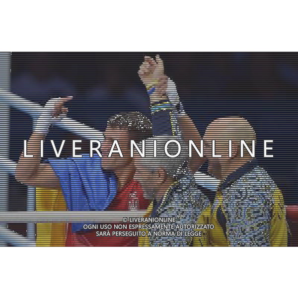 (120812) -- LONDON, Aug. 12, 2012 () -- Vasyl Lomachenko of Ukraine (in red) celebrates after defeating Han Soonchul of South Korea in men\'s boxing light (60kg) gold medal contest, at London 2012 Olympic Games in London, Britain, on August 12, 2012. Vasyl Lomachenko of Ukraine won gold medal. (/Gesang Dawa) (nxl) ©PHOTOSHOT/AGENZIA ALDO LIVERANI SAS - ITALY ONLY - GIOCHI OLIMPICI, OLIMPIADI LONDRA 2012