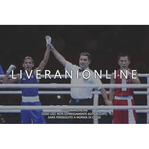 (120812) -- LONDON, Aug. 12, 2012 () -- Robeisy Ramirez Carrazana of Cuba (in blue) celebrates after defeating Tugstsogt Nyambayar of Mongolia in men\'s boxing fly (52kg) gold medal competition, at London 2012 Olympic Games in London, Britain, on August 12, 2012. Robeisy Ramirez Carrazana of Cuba won gold medal. (/Wang Shen) (nxl) ©PHOTOSHOT/AGENZIA ALDO LIVERANI SAS - ITALY ONLY - GIOCHI OLIMPICI, OLIMPIADI LONDRA 2012