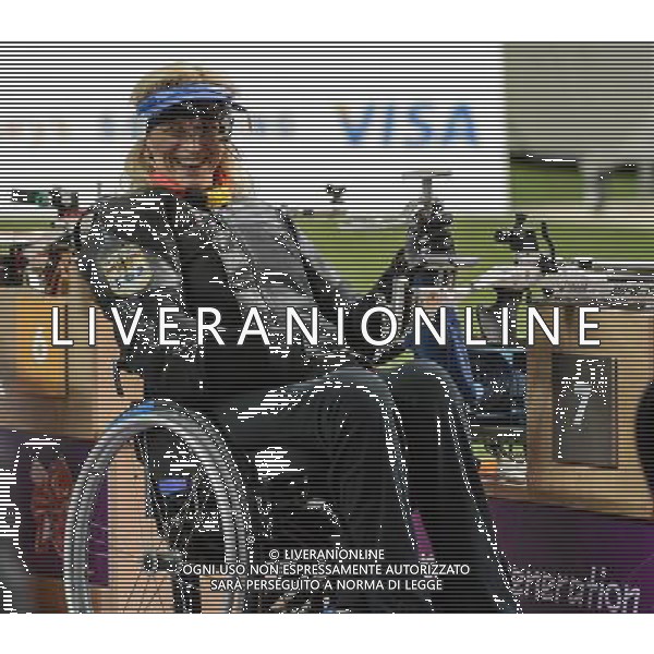 (120830) -- LONDON, Aug. 30, 2012 () -- Manuela Schmermund of Germany smiles during the final of the Women\'s R2-10m Air Rifle Standing-SH1 shooting event at London 2012 Paralympic Games in London, Britain, on Aug. 30, 2012. Schmermund took the silver medal with 493.6 rings. (/Wang Haofei) (zc) /photoshot/AG ALDO LIVERANI SAS ITALY ONLY -