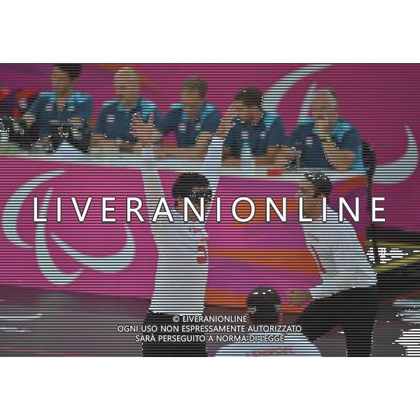 (120830) -- LONDON, Aug. 30, 2012 () -- Athletes of Iran celebrates winning in the men\'s goalball event between Iran and China during the London 2012 Paralympic Games in London, Britain, on Aug. 30, 2012. Iran won 9-5. (/Lin Yiguang) (cc) /photoshot/AG ALDO LIVERANI SAS ITALY ONLY -