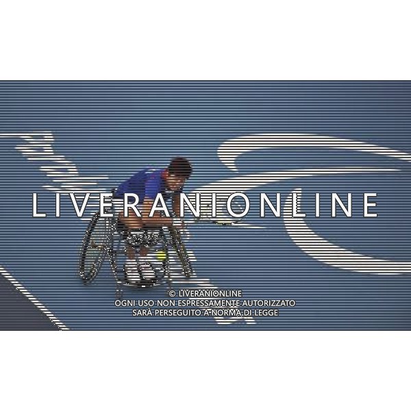 (120902) -- LONDON, Sept. 02, 2012 () -- Christine Schoenn of France returns the ball during the first round of Women\'s Singles Wheelchair Tennis event against Sabine Ellerbrock of Germany at London 2012 Paralympic Games in London, Britain, on Sept. 1, 2012. Schoenn lost 0-2. (/Chen Yehua) (cc) AG ALDO LIVERANI S A S ONLY ITALY