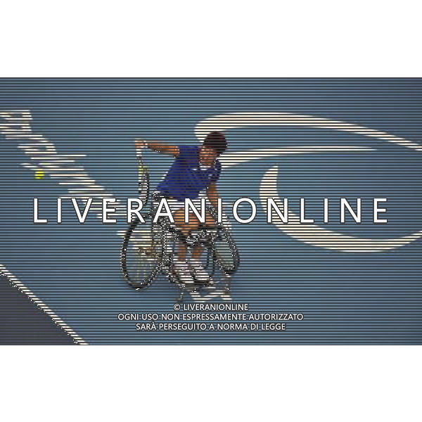 (120902) -- LONDON, Sept. 02, 2012 () -- Christine Schoenn of France returns the ball during the first round of Women\'s Singles Wheelchair Tennis event against Sabine Ellerbrock of Germany at London 2012 Paralympic Games in London, Britain, on Sept. 1, 2012. Schoenn lost 0-2. (/Chen Yehua) (cc) AG ALDO LIVERANI S A S ONLY ITALY