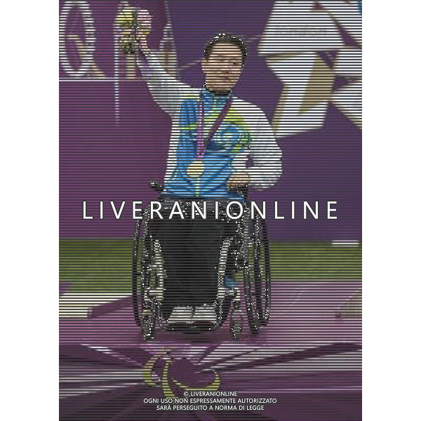 (120902) -- LONDON, Sept. 2, 2012 () -- Kang Junyoung of South Korea reacts during the awarding ceremony of the Mixed R4-10m Air Rifle Standing-SH2 final at the London 2012 Paralympic Games in London, Britain, Sept. 2, 2012. Kang Junyoung won the gold with 705.5 rings. (/Wang Haofei) (lm) PHOTOSHOT/AG ALDO LIVERANI SAS - ITALY ONLY -