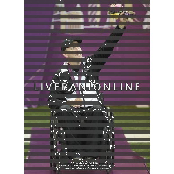 (120902) -- LONDON, Sept. 2, 2012 () -- Johnson Michael of New Zealand celebrates during the awarding ceremony after winning the bronze medal in the Mixed R4-10m Air Rifle Standing-SH2 event, at London 2012 Paralympic Games, in London, Britain, on Sept. 2, 2012. (/Wang Haofei) (hcs) PHOTOSHOT/AG ALDO LIVERANI SAS - ITALY ONLY -