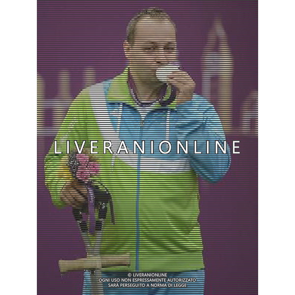 (120902) -- LONDON, Sep. 2, 2012 () -- Tirsek Francek of Slovenia poses during the awarding ceremony after winning the silver medal in the Mixed R4-10m Air Rifle Standing-SH2 event, at London 2012 Paralympic Games, in London, Britain, on Sep. 2, 2012. (/Wang Haofei) (hcs) PHOTOSHOT/AG ALDO LIVERANI SAS - ITALY ONLY -