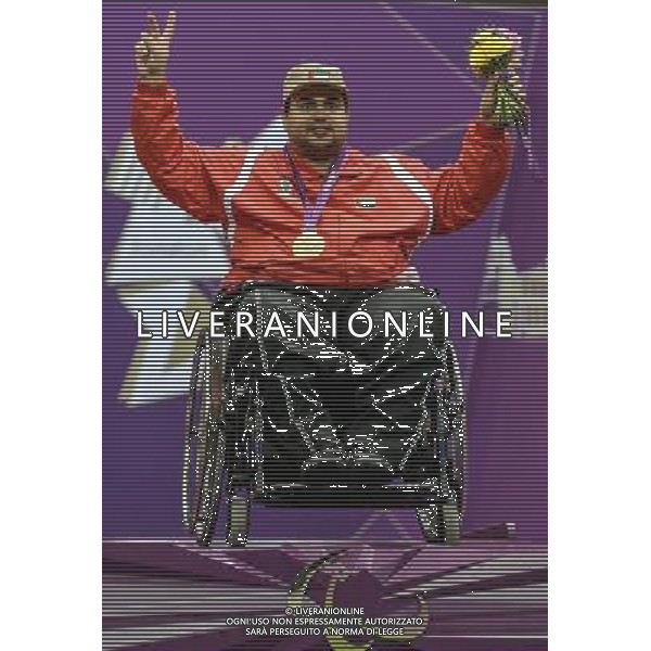 (120904) -- LONDON, Sept. 4, 2012 () -- Abudulla Sultan Alaryani of the United Arab Emirates poses during the awarding ceremony of the Mixed R6-50m Rifle Prone-SH1 shooting competition at the London 2012 Paralympic Games in London, Britain, on Sept. 4, 2012. Alaryani took the gold medal with 694.8 rings. (/Wang Haofei) photoshot/AG ALDO LIVERANI SAS - ITALY ONLY - *** Local Caption *** ..