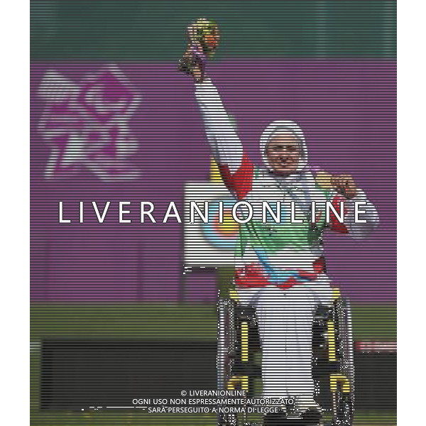 (120904) -- LONDON, Sept. 4, 2012 () -- Zahra Memati of Iran poses during the awarding ceremony of the Women\'s Individual Recurve - W1/W2 archery competition at the London 2012 Paralympic Games in London, Britain, on Sept. 4, 2012. Memati took the gold medal. (/Wang Lili) photoshot/AG ALDO LIVERANI SAS - ITALY ONLY - *** Local Caption *** ..
