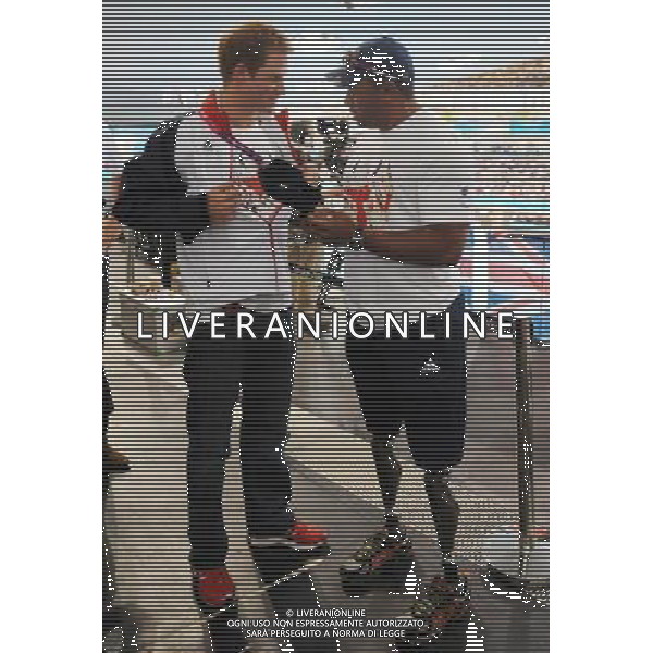 Prince Harry meets former soldier and Paralympic athlete Derek Derenalagi at a visit to the Aquatics Centre where he watched swimming heats with Team GB swimmers during the London 2012 Paralympic Games at the Olympic Park this morning. PHOTOSHOT/AG ALDO LIVERANI SAS - ITALY ONLY -