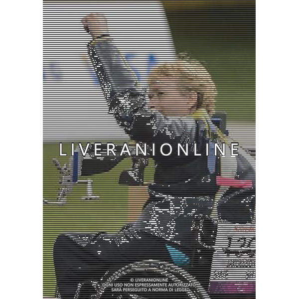 (120905) -- LONDON, Sept. 5, 2012 () -- Jakobsson Jonas of Sweden celebrates after winning the men\'s R7-50m Rifle 3 Positions-SH1 final of the shooting event at the London 2012 Paralympic Games in London, Britain, on Sept. 5, 2012. Jonas claimed the title of the event with 1255.9 rings. (/Wang Haofei) (zc) PHOTOSHOT-AG ALDO LIVERANI SAS - ITALY ONLY