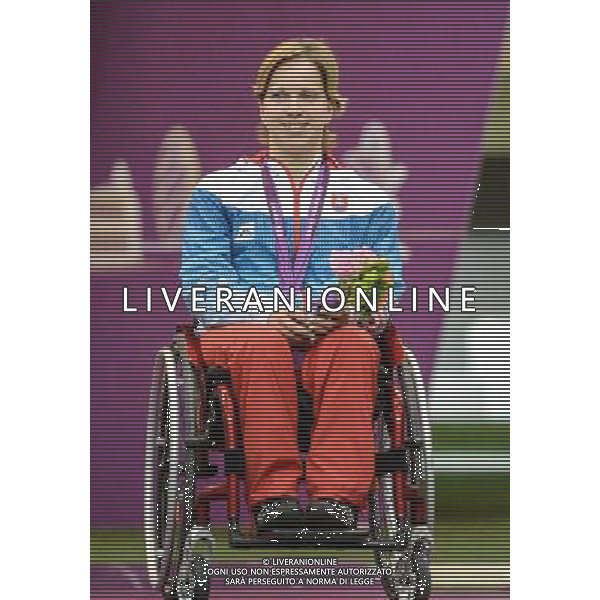 (120906) -- LONDON, Sept. 6, 2012 () -- Veronika Vadovicova of Slovakia poses during the victory ceremony for the women\'s R8-50m Rifle 3 Positions-SH1 final at the London 2012 Paralympic Games in London, Britain, on Sept. 5, 2012. Vadovicova won the bronze with 669.6 points. (/Wang Haofei) PHOTOSHOT/AG ALDO LIVERANI SAS - ITALY ONLY -