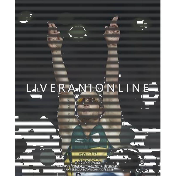 (120909) -- LONDON, Sept. 9, 2012 () -- Oscar Pistorius of South Africa celebrates for victory after winning the men\'s 400m T44 final of swimming competition at the London 2012 Paralympic Games in London, Britain, on Sept. 8, 2012. Oscar Pistorius won the gold medal with 46.68 seconds. (/Yang Lei) (lm) PHOTOSHOT/AG ALDO LIVERANI SAS - ITALY ONLY -