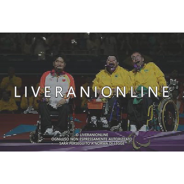 (120909) -- LONDON, Sept. 9, 2012 () -- Gold medalist Dirceu Jose Pinto (C) and bronze medalist Eliseu dos Santos (R) of Brazil and silver medalist Zheng Yuansen of China pose for photograph during the awarding ceremony of the mixed individual BC4 match of boccia competition at the London 2012 Paralympic Games in London, Britain, on Sept. 8, 2012. (/Hou Jun) (lm) PHOTOSHOT/AG ALDO LIVERANI SAS - ITALY ONLY -