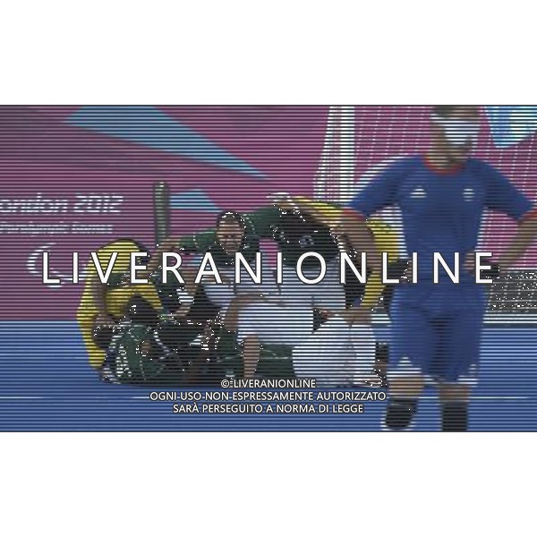 (120909) -- LONDON, Sept. 9, 2012 () -- Players (L) of Brazil celebrate for victory after their men\'s 100m football 5-a-side final against France at the London 2012 Paralympic Games in London, Britain, on Sept. 8, 2012. Brazil won 2-0 to win the gold medal. (/Li Jundong) (lm) PHOTOSHOT/AG ALDO LIVERANI SAS - ITALY ONLY -