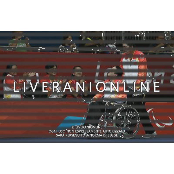 (120909) -- LONDON, Sept. 9, 2012 () -- Silver medalist Yan Zhiqiang (2nd R) of China takes part in the awarding ceremony of the mixed individual BC2 of boccia competition at the London 2012 Paralympic Games in London, Britain, on Sept. 9, 2012. (/Hou Jun) (lm) PHOTOSHOT/AG ALDO LIVERANI SAS - ITALY ONLY -