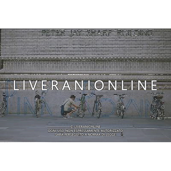 Newly installed bike racks, designed by former Talking Heads band member David Byrne, are seen in front of the Brooklyn Academy of Music on Saturday, August 25, 2012. The two sets of racks spell out the words in steel, \'pink crown\' and \'micro lip\'. Byrne, an avid cyclist also designed bike racks for the Dept. of Transportation in 2008. (å Richard B. Levine) ©photoshot/AGENZIA ALDO LIVERANI SAS - ITALY ONLY - EDITORIAL USE ONLY