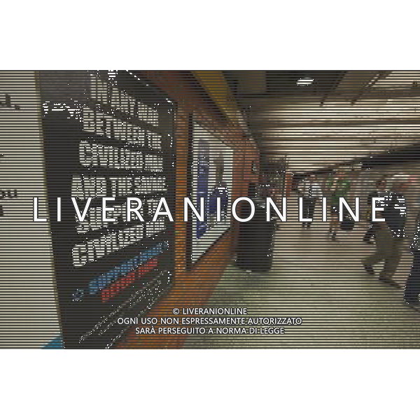 An advertisement in the subway in New York supports Israel and promotes defeating Jihad, referring to Jihadists as savages, is seen in the West 49th Street subway station on Monday, September 24, 2012. The controversial poster is from the American Freedom Defense Initiative, a group run by Pamela Geller who also runs the Stop Islamization of America group. Â©photoshot/Agenzia Aldo Liverani ITALY ONLY vedute citta\' di New York