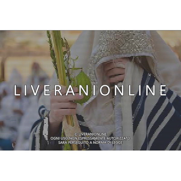 (121003) -- JERUSALEM, Oct. 3, 2012 () -- A Jewish man attends the priest\'s blessing Cohanim prayer during the annual pilgrimage holiday of Sukkot, or the feast of the Tabernacles, at the Western Wall in Jerusalem\'s Old City on Oct. 3, 2012 . (/Yin Dongxun) ©photoshot/AGENZIA ALDO LIVERANI SAS - ITALY ONLY - Uomini ebrei in preghiera di benedizione durante il pellegrinaggio per la festa annuale di Sukkot, o la festa dei Tabernacoli, al Muro del Pianto a Gerusalemme Citta\' Vecchia il 3 ottobre 2012.