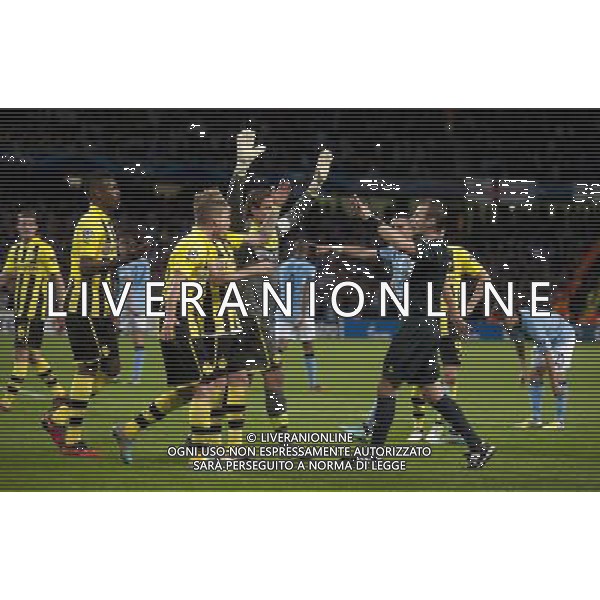 Referee Pavel Kralovec (CZE) waves away the protests from Borussia Dortmund players after awarding Manchester City a late penalty for handball Football - UEFA Champions League Group D - Manchester City v Borussia Dortmund - Wednesday 3rd October 2012 - Etihad Stadium - Manchester å© CameraSport - 43 Linden Ave. Countesthorpe. Leicester. England. LE8 5PG - Tel: +44 (0) 116 277 4147 - admin@camerasport.com - www.camerasport.com AG ALDO LIVERANI S A S ONLY ITALY