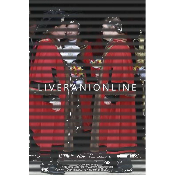 David Wootton, the current Lord Mayor (L) and Roger Gifford (R), the new Lord Mayor elect when leave the Great Hall in London, Britain 01 October 2012. The election for the new Lord Mayor of the City of London took place at London\'s Guildhall. ©PHOTOSHOT/AGENZIA ALDO LIVERANI SAS - ITALY ONLY - EDITORIAL USE ONLY