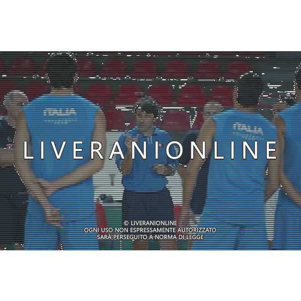 MASNAGO (VA) 9/8/2004 PALAIGNIS ULTIMI ALLENAMENTI DELLA NAZIONALE DI PALLAVOLO PRIMA DELLA PARTENZA PER LE OLIMPIADI DI ATENE NELLA FOTO L\' ALLENATORE GIAMPAOLO MONTALI SPIEGA AGLI ATLETI COME INTENDE PROCEDERE FOTO MARIO ROMANO/AG ALDO LIVERANI 