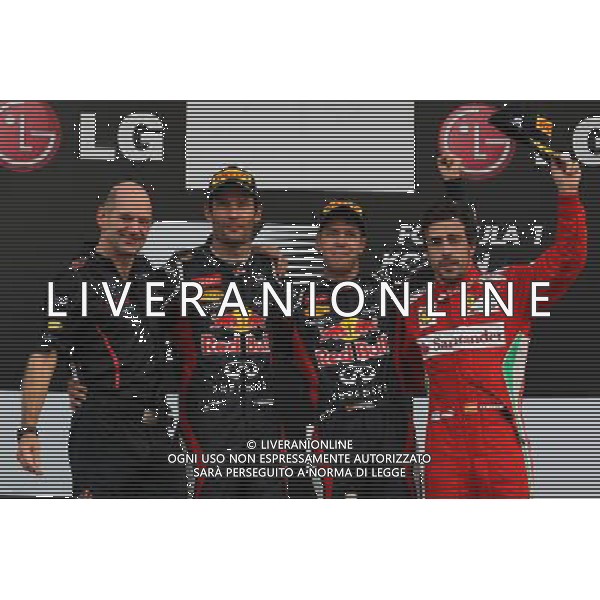 Adrian Newey (GBR) Red Bull Racing Chief Technical Officer with 1st place Sebastian Vettel (GER), Red Bull Racing 2nd place Mark Webber (AUS), Red Bull Racing and 3rd place Fernando Alonso (ESP), Scuderia Ferrari 14.10.2012. Formula 1 World Championship, Rd 16, Korean Grand Prix, Yeongam, Korea, Race Day - www.xpbimages.com, EMail: requests@xpbimages.com - copy of publication required for printed pictures. Every used picture is fee-liable. © Copyright: Batchelor / XPB Images AG ALD LIVERANI S A S ONLY ITALY