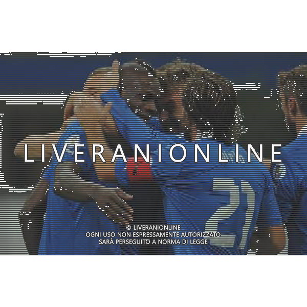 Italia-Danimarca Qualificazioni ai Campionati Mondiali di Calcio Brasile FIFA 2014 Gruppo B Milano- 16.10.2012 nella foto esultanza dopo il gol di mario balotelli con Andrea Pirlo e Daniele De Rossi ©Ravezzani/AGENZIA ALDO LIVERANI SAS