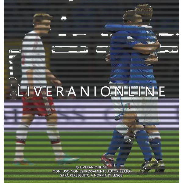 Qualificazioni ai Campionati Mondiali di Calcio Brasile FIFA 2014 Gruppo B Milano- 16.10.2012 Italia-Danimarca Nella Foto:esultanza finale de rossi chiellini /Ph.Vitez-Ag. Aldo Liverani