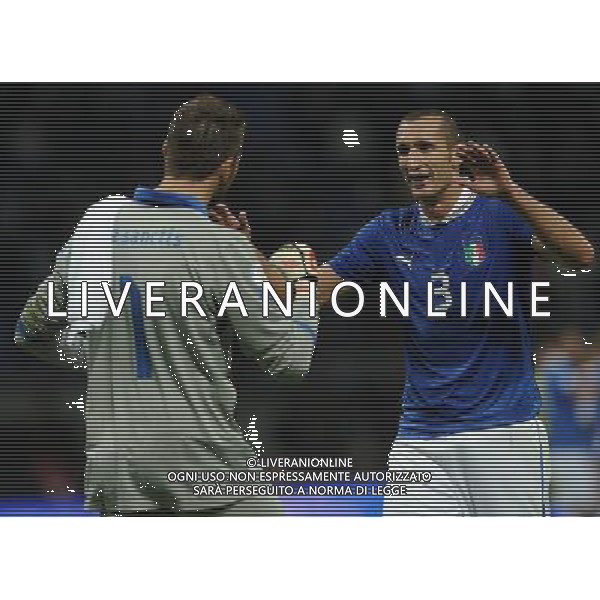 Qualificazioni ai Campionati Mondiali di Calcio Brasile FIFA 2014 Gruppo B Milano- 16.10.2012 Italia-Danimarca Nella Foto:esultanza finale chiellini de sanctis /Ph.Vitez-Ag. Aldo Liverani