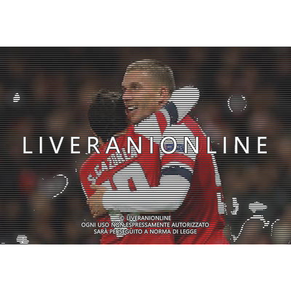 Arsenal\'s Lukas Podolski celebrates scoring his sides second goal 2-0..Football - UEFA Champions League Group B - Arsenal v Montpellier - Wednesday 21st November 2012 - Emirates Stadium - London.. AG ALDO LIVERANI S A S ONLY ITALY