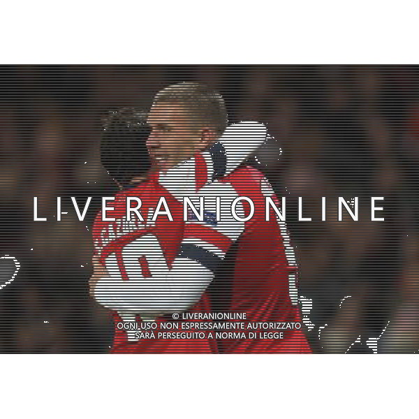 Arsenal\'s Lukas Podolski celebrates scoring his sides second goal 2-0..Football - UEFA Champions League Group B - Arsenal v Montpellier - Wednesday 21st November 2012 - Emirates Stadium - London.. AG ALDO LIVERANI S A S ONLY ITALY
