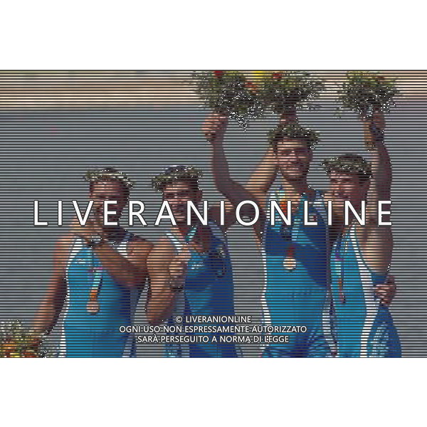 OLIMPIADI DI ATENE 21/08/04 CANOTTAGGIO FINALE QUATTRO SENZA NELLA FOTO AGAMENNONI LUCA,PORZIO LEONARDO,DENTALE DARIO E LEONARDO RAFFAELLO PH MARCO LUZZANI/AG.ALDO LIVERANI