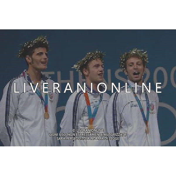 OLIMPIADI ATENE 21/08/2004 FIORETTO A SQUADRE MEDAGLIA D\'ORO ANDREA CASSARA\', SALVATORE SANZO E VANNI SIMONE FOTO MARCO LUZZANI/AG ALDO LIVERANI