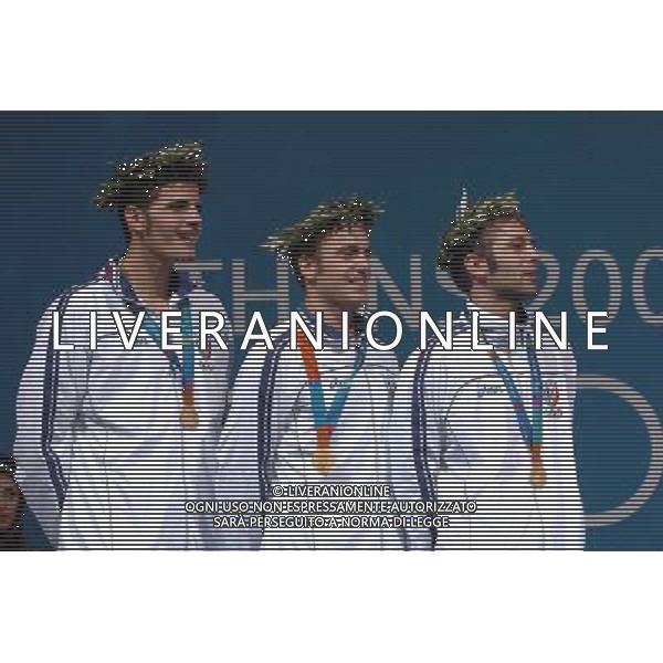 OLIMPIADI ATENE 21/08/2004 FIORETTO A SQUADRE MEDAGLIA D\'ORO ANDREA CASSARA\', SALVATORE SANZO E VANNI SIMONE FOTO MARCO LUZZANI/AG ALDO LIVERANI