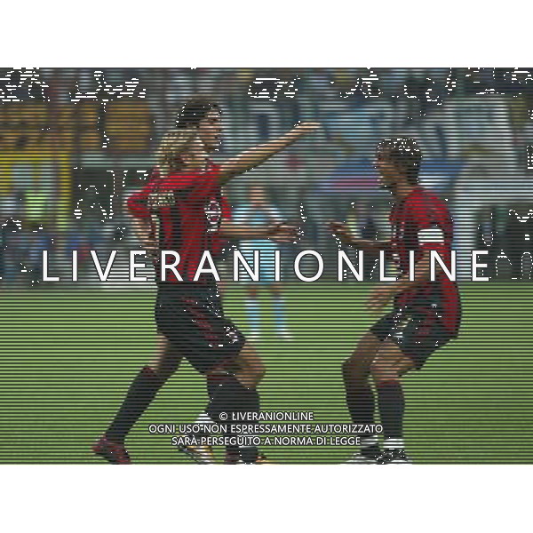 Milano Stadio di san Siro 21/08/2004 Milan - Lazio Supercoppa Italiana nella foto andriy shevchenko esultante con kaka e paolo maldini dopo il gol del 2 - 0 foto filippo venezia/ag aldo liverani