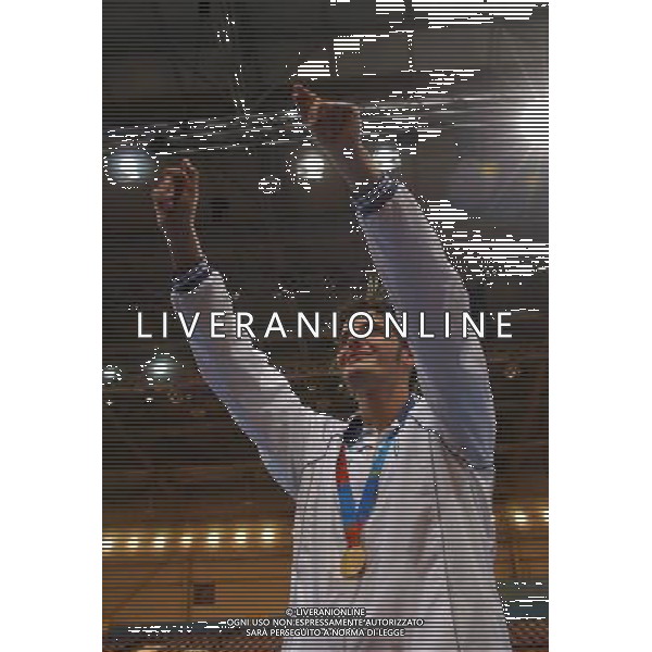 OLIMPIADI ATENE 21/08/2004 FIORETTO A SQUADRE MEDAGLIA D\'ORO ANDREA CASSARA\', SALVATORE SANZO E VANNI SIMONE FOTO MARCO LUZZANI/AG ALDO LIVERANI