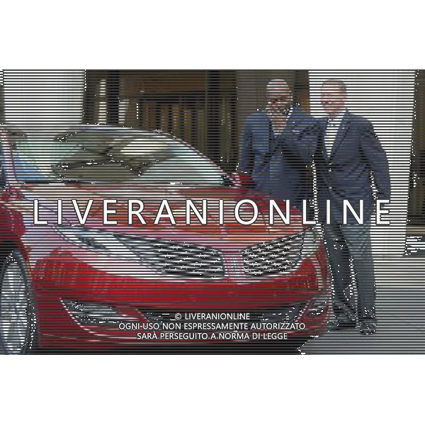 NEW YORK, NY - DECEMBER 03: Ford Motor Company President and CEO Alan Mulally stands with Emmitt Smith as he speaks to the press during a media launch for the new Lincoln Motor Company MKZ sedan in front of Avery Fisher Hall, Lincoln Center Plaza on December 3, 2012 in New York City. Ford is renaming its Lincoln division as the Lincoln Motor Co., as it looks to revive the luxury brand. The MKZ will arrive at dealerships later this month and will start at $35,925. The MKZ is the first of seven new Lincoln\'s that will go on sale by 2015. /AGENZIA ALDO LIVERANI SAS/ITALY ONLY - EDITORIAL USE ONLY