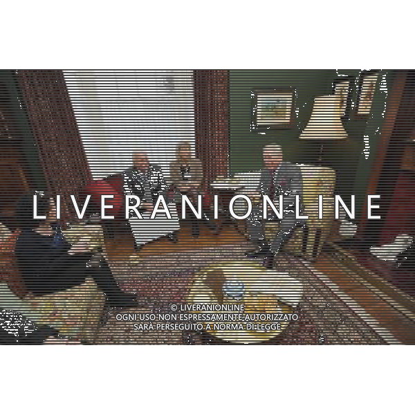 The Prince of Wales has tea in the living room of the birthplace of Dylan Thomas in Swansea with (left to right) granddaughter of Dylan Thomas, Hannah Ellis Thomas, and restorers of the house Geoff Haden and Anne Haden. ©photoshot/AGENZIA ALDO LIVERANI SAS - ITALY ONLY - REALI INGLESI: Il Principe Carlo d\'inghilterra in visita in Galles alla casa natale di Dylan Thomas a Swansea