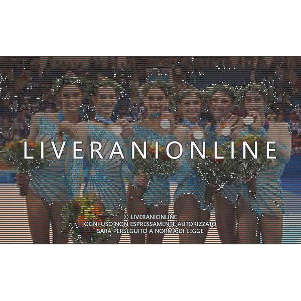 Olimpiadi di Atene 28/08/2004 ginnastica ritmica nella foto le ragazze italiane medaglia d\'argento foto marco luzzani/agenzia aldo liverani