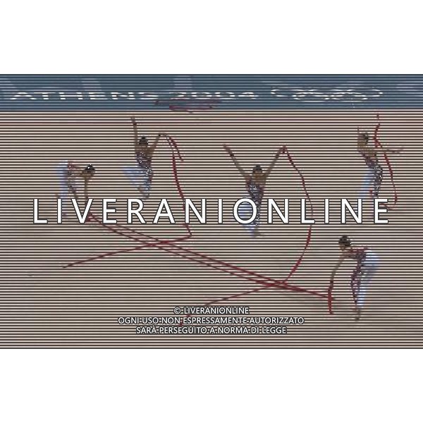 Olimpiadi di Atene 28/08/2004 ginnastica ritmica nella foto le ragazze italiane medaglia d\'argento foto marco luzzani/agenzia aldo liverani