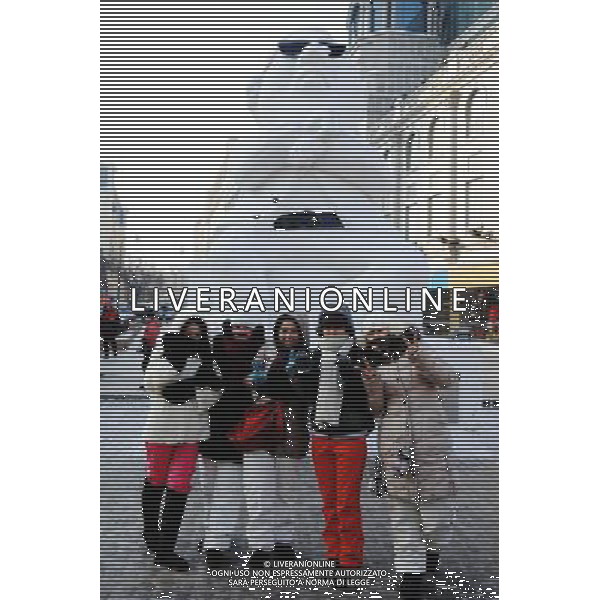 (130102) -- HARBIN, Jan. 2, 2013 () -- Tourists pose for photo in front of a snow sculpture of South Korean rapper Psy in Harbin, capital of northeast China\'s Heilongjiang Province, Jan. 2, 2013. Psy\'s music video of \'Gangnam Style,\' featuring the horse-riding dance, became a global sensation this year. (/Wang Jianwei) (mp) ©Photoshot-ITALY ONLY - EDITORIAL USE ONLY/AGENZIA ALDO LIVERANI SAS