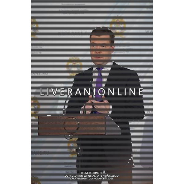 (130117) -- MOSCOW, Jan. 17, 2013 () -- Russian Prime Minister Dmitry Medvedev addresses the Gaidar forum in Moscow, Russia, Jan. 16, 2013. Participation in the BRICS was the most promising route for Russia\'s integration into the global economy, Prime Minister Dmitry Medvedev said Wednesday at the ongoing Gaidar forum. (/Jiang Kehong) (lmm) ©photoshot/AGENZIA ALDO LIVERANI SAS - ITALY ONLY - Riunione di uomini d\'affari russi e internazionali ed esperti per discutere l\'integrazione della Russia nell\'economia mondiale al forum Internazionale Gaidar a Mosca, Russia, 16 gennaio 2013.