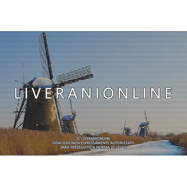 (130117) -- KINDERDIJK, Jan. 17, 2013 () -- Windmills are seen after snowfall in Kinderdijk, west of the Netherlands, Jan. 16, 2013. The small town of Kinderdijk is known for its 19 well-preserved windmills which were built around 1740. Every year about 500,000 tourists visit Kinderdijk, a UNESCO World Heritage site since 1997. (/Robin Utrecht) (ybg) ©photoshot/AGENZIA ALDO LIVERANI SAS - ITALY ONLY - Neve sui Mulini a vento dopo la nevicata nella citta\' di Kinderdijk, a ovest dei Paesi Bassi, Olanda 16 Gennaio 2013. I 19 mulini a vento costruiti intorno al 1740 ancora ben conservati sono riconosciuti patrimonio mondiale dell\'UNESCO dal 1997. 