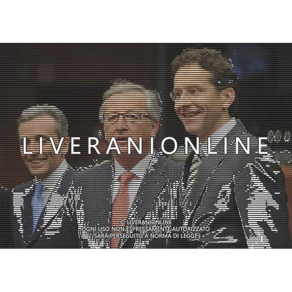 (130121) -- BRUSSELS, Jan. 21, 2013 () -- Italian minister of Economy and Finance Vittorio Grilli, Luxembourg\'s Prime Minister and Eurogroup President Jean-Claude Juncker and Dutch Finance Minister Jeroen Dijsselbloem (L to R) pose for photos before a Eurogroup financial ministers meeting at the EU headquarters in Brussels, capital of Belgium, Jan. 21, 2013. The new president of the Eurogroup to replace outgoing leader Jean-Claude Juncker will be appointed during the meeting, and Dijsselbloem is the only established candidate for the job. (/Ye Pingfan) ©Photoshot/AGENZIA ALDO LIVERANI SAS-ITALY ONLY - EDITORIAL USE ONLY