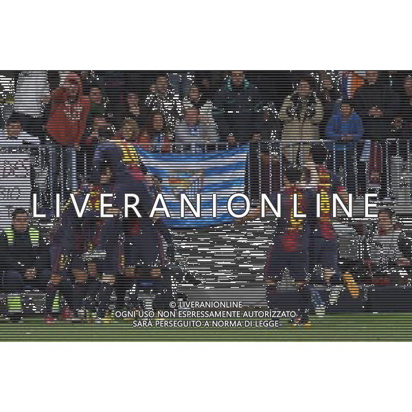 (130125) -- MALAGA, Jan. 25, 2013 () -- Barcelona\'s players celebrate scoring against Malaga during their Spanish King\'s Cup quarterfinal second leg soccer match held at Rosaleda stadium in Malaga, Spain, on Jan. 24, 2013. Barcelona won 4-2. (/) ©photoshot/AGENZIA ALDO LIVERANI SAS - ITALY ONLY - MALAGA VS BARCELLONA partita dei quarti di finale della Coppa del re presso Rosaleda stadio a Malaga, in Spagna, 24 gennaio 2013. Il Barcellona ha vinto 4-2. 