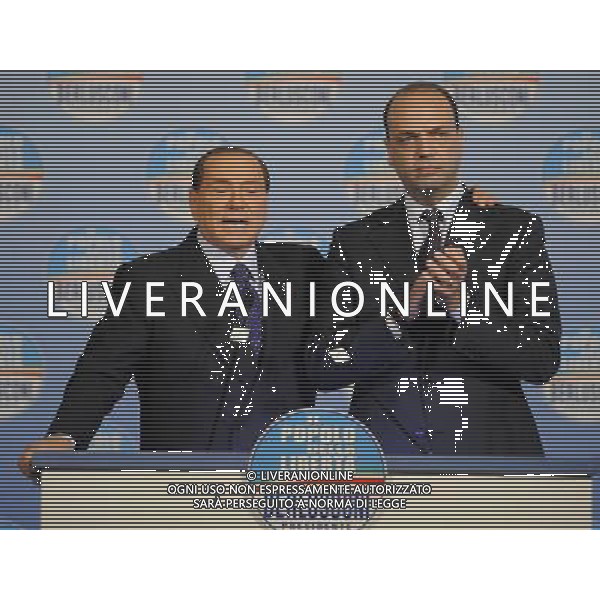 Il presidente Silvio Berlusconi e il segretario politico Angelino Alfano incontrano tutti i candidati del Popolo della Liberta\' alle prossime elezioni politiche presso la Sala Capranica a Roma, 25 gennaio 2013 ©Corradetti/AGENZIA ALDO LIVERANI SAS