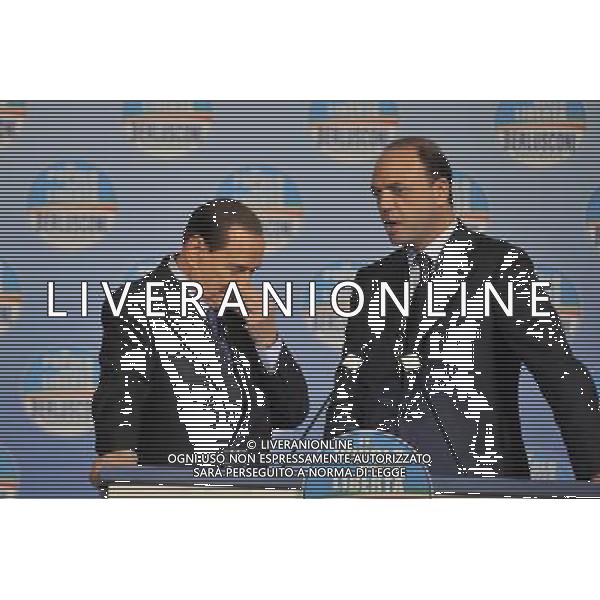 Il presidente Silvio Berlusconi e il segretario politico Angelino Alfano incontrano tutti i candidati del Popolo della Liberta\' alle prossime elezioni politiche presso la Sala Capranica a Roma, 25 gennaio 2013 ©Corradetti/AGENZIA ALDO LIVERANI SAS