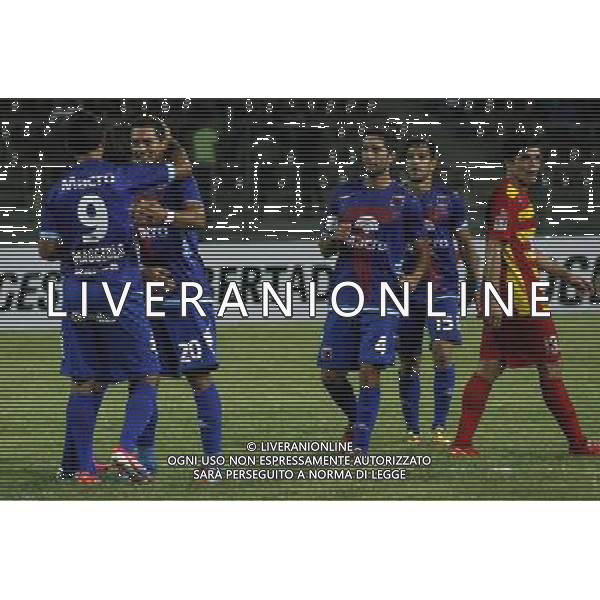 (130130) -- PUERTO LA CRUZ, Jan. 30, 2013 () -- Argentina\'s Tigre Ezequiel Maggiolo (L) celebrates his goal with his teammate Matias Escobar (2nd L) during a Copa Libertadores soccer match against Venezuela\'s Deportivo Anzoategui held at the Jose Antonio Anzoategui stadium in the city of Puerto la Cruz, Venezuela, on Jan. 29, 2013. (/Lenin Nunez) (py) ©photoshot/AGENZIA ALDO LIVERANI SAS - ITALY ONLY - Deportivo Anzoategui Vs Tigre partita di calcio Coppa Libertadores, citta\' di Puerto la Cruz, in Venezuela, il 29 gennaio 2013.