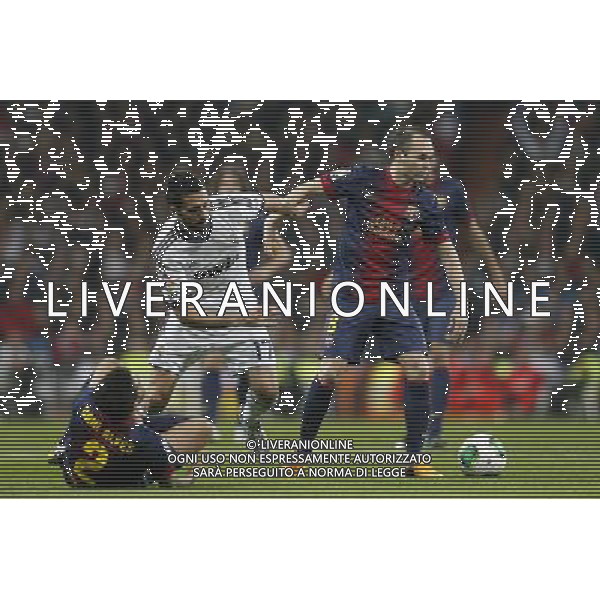 Real Madrid\'s Alvaro Arbeloa and FC Barcelona\'s Andres Iniesta during spanish Kings Cup match on January 30th 2013. Photo: Cid-Fuentes Cebolla / ALFAQUI AG ALDO LIVERANI S A S ONLY ITALY