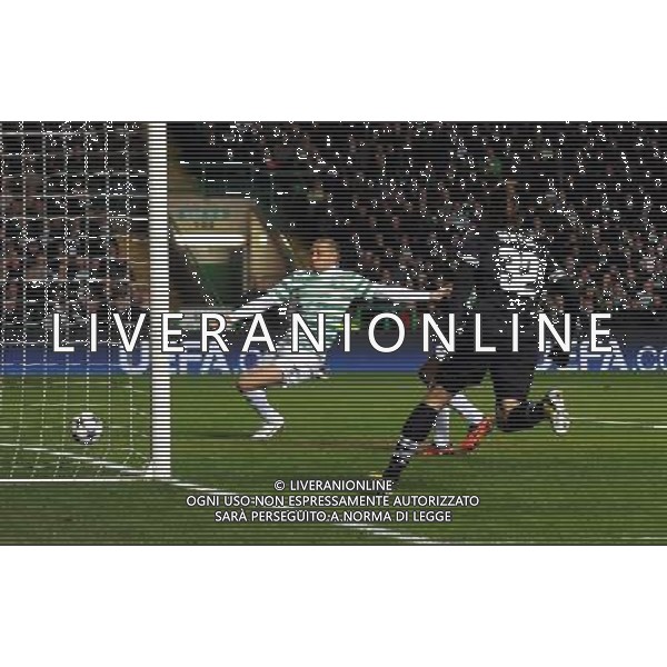 Celtic Park Glasgow Celtic v Juventus Champions League First knockout round 12/02/13 Juventus take an early lead after three minutes, the goal was initially credited to Claudio Marchisio and later given to Alessandro Matri, Kevin Wilson is unable to prevent the ball going over the line Photo: Roger Parker Fotosports International AG ALDO LIVERANI S A S ONLY ITALY